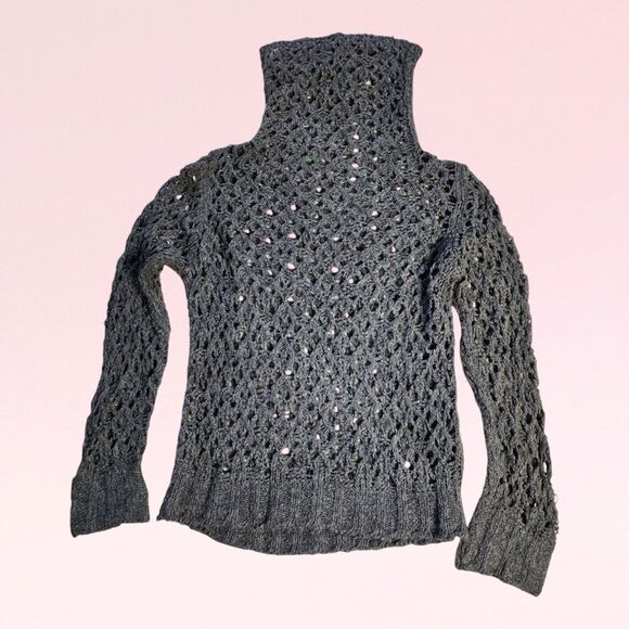 United Colors of Benetton Charcoal Grey Chunky Open Knit Turtleneck Sweater Med - Picture 2 of 7